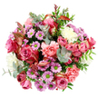From above, this bouquet reads like a carefully composed floral mandala, its circular shape perfectly framed against a spotless white background that magnifies the richness of its colours. At its core, large roses in deep fuchsia and gentle blush pink open widely, revealing tightly packed, velvety petals, some softly edged with cream that adds a whisper of classic charm. Encircling these central roses are clusters of peach-pink carnations, their finely ruffled petals layering on top of one another to create a pillowy, romantic texture. Scattered among them are delicate, daisy-like chrysanthemums in shades of lavender and muted purple, each bloom centred by a vivid lime-green disk that provides a sparkling, youthful accent, reminiscent of the fresh greenery around Stanmore Country Park after a spring shower. Creamy white flowers sit between these more saturated tones, bringing pockets of brightness and clarity that keep the composition from feeling too dense. The bouquet is wrapped and intertwined with foliage: rounded, silvery eucalyptus leaves arc gracefully through the arrangement, lending a cool, contemporary feel and suggesting a soothing, aromatic scent, while deeper green leaves give a solid, grounding backdrop. Thin, variegated leaves with reddish-pink hues run through the design like subtle brushstrokes, echoing the fuchsia roses and drawing the eye around the circular form. The evenly diffused light enhances the natural sheen of the petals and the soft textures of the greenery. Overall, it feels like a thoughtful creation from a Stanmore florist, ideal for delivery to a home off Stanmore Hill or near the Broadway-a bouquet suited to birthdays, anniversaries, or quiet gestures of appreciation, bringing a warm, elegant glow to any corner of the room.