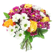 Set against a seamless white background, this hand-tied bouquet appears almost to float, its vivid colours and full, domed shape drawing the eye the way a bright flowerbed might catch your attention on a sunny walk through Stanmore. The composition is a harmonious mix of warm and cool tones, anchored by large, bi-colour roses whose petals shift from radiant golden yellow at the hearts outwards to rich orange and hints of red along the edges, like small, captured sunrises. Surrounding them, plentiful white daisy-like chrysanthemums with sharp, lime-green centres bring a clear, refreshing brightness, softening the intensity of the roses while adding movement and light. Between these, clusters of deep magenta and fuchsia chrysanthemums, their tightly packed, velvety petals embracing yellow-green cores, create rich pockets of colour that echo jewel tones, balancing the arrangement and suggesting festive energy. Glossy dark green foliage-reminiscent of ruscus or similar greenery-threads through the blooms, framing them and adding depth, so the bouquet feels abundant yet thoughtfully structured. At the bottom, a small fan of neatly bound stems is visible, their clean cuts and natural brown-green hues speaking to the bouquet's freshness and professional preparation, as you might expect from a trusted Stanmore flower shop like Flowers Stanmore. The lighting is soft and even, with no harsh shadows, letting each bloom's texture and nuance show clearly. Overall, the bouquet exudes cheerfulness and appreciation, ideal for celebrating milestones, offering congratulations, or delivering a burst of colour and warmth to a friend or family member anywhere in Stanmore.