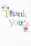 There's a sense of gentle celebration in this thank you card, much like the way a thoughtful gesture can brighten a day in Stanmore. The two words, 'Thank You', stand out in a chorus of joyful colour-shimmering silver, rich green, golden yellow, and serene blue-each letter enlivened by playful dots and intricate, stitched motifs that bring a hint of handcrafted delight. Amidst the message, tiny stars in shades of pink, teal, and softly glowing silver swirl elegantly, lending a festive yet intimate air that evokes the feeling of receiving gratitude among friends near Stanmore Place. The card's pristine white backdrop gives space for each flourish to shine, making the design light and welcoming. Its mood is whimsical yet sincerely felt, ideal for expressing heartfelt thanks or offering comfort. One imagines this card nestling against a bouquet of fresh flowers delivered locally-a tangible reminder of how appreciation and joy can be shared just as warmly in Stanmore's community as within the embrace of family and friends.