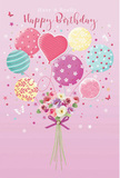 A whimsical birthday celebration unfolds in this illustration, echoing the gentle charm of Stanmore's leafy streets and open green spaces. The background is a soft, soothing pink, against which a cluster of pastel balloons rises with playful energy, as if drifting above the rooftops on a sunny afternoon. Each balloon has its own personality: some swirl with candy-coloured stripes, others are sprinkled with cheerful polka dots, and a standout heart-shaped balloon glows at the centre, symbolising affection and warm wishes. Their colours blend harmoniously-blush pink, creamy yellow, sea green, and lavender-creating a light, airy rainbow above the bouquet. At the base of this floating display, a hand-tied arrangement of delicate roses and anemone-like blossoms nestles together in tones of ivory, blush, and gentle mauve. The petals appear feather-soft and layered, giving the impression of freshly picked flowers ready to be delivered to a home near Stanmore station or tucked along the quiet avenues off Stanmore Hill. A rich violet satin bow secures the stems, its sheen catching the light with a subtle sparkle. Scattered around the scene, tiny stars and dainty butterflies add a touch of fairy-tale wonder, as if birthday wishes are fluttering all around. Soft, even lighting bathes the composition, emphasising the glossy curves of the balloons and the tender texture of the petals. The overall effect is light as a spring morning-sweet, festive, and full of promise-perfect for capturing the spirit of a birthday meant to be bright, memorable, and deeply heartfelt in Stanmore.