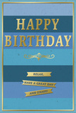 A stylish blue and gold birthday card is shown as though ready to be given with a bouquet in Stanmore, its design radiating gentle celebration and calm. The card face is divided into wide, horizontal stripes that create a soft gradient from dark to light. At the bottom, deep navy and inky ocean blues establish a strong foundation, which gradually lightens through royal and denim tones into serene teal and pale sky blue near the top. This layered effect evokes a peaceful sky at different times of day, echoing the quiet views around Stanmore's parks and residential streets. Across the centre, the message HAPPY BIRTHDAY is embossed in large, metallic gold capitals that span the width of the card. The letters are raised and smoothly finished, their shine subtle yet noticeable, catching hints of light like jewellery in a softly lit room. Beneath the greeting rests a delicate golden flourish, its lines curling gracefully and adding a touch of vintage charm. Along the lower quarter of the card, three slim gold banners stretch horizontally, echoing the rhythm of the blue stripes above them. Each ribbon carries part of a warm, encouraging sentiment: Relax, have a great day and enjoy! The text feels personal, as though spoken by someone who genuinely wants the recipient to pause and savour their birthday. A narrow gold frame runs around the outer edge of the card, neatly containing the design and giving it a finished, gift-ready look. Together, the cool blue palette, shimmering gold accents, and thoughtful wording create a birthday card that feels both sophisticated and comforting, perfect to pair with a fresh floral delivery from Stanmore for a truly memorable celebration.