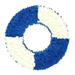 This image features a perfectly round floral wreath crafted to resemble a nautical lifebuoy, laid out against a spotless white background that gives it a quiet, contemplative air. The entire ring is densely layered with small, cushiony flowers similar to spray chrysanthemums, their compact heads pressed closely together to create a smooth, padded texture. The circle is neatly divided into four equal quadrants, with colour blocks that alternate between deep royal blue and crisp, brilliant white. At the top left and bottom right, the blue segments draw the eye, their rich hue suggesting depth and stability, like the steady support a loved one may have offered throughout their life. The top right and bottom left quarters, created from pure white blossoms, balance this intensity with a sense of peace, clarity, and farewell. Subtle variations in petal direction and overlap add gentle movement across the surface, preventing the design from feeling rigid. Around the inner edge of the wreath, a narrow dark blue ribbon has been arranged in tiny, even ruffles that echo the circular form and underline the lifebuoy theme. No foliage or extra ornamentation interrupts the clean lines of the piece. This lifebuoy-style funeral wreath would be particularly poignant for a service in Stanmore honouring someone with a seafaring background, maritime service, or simply a reputation as a dependable 'lifeline' to friends and family. Its balanced blue-and-white palette and flawless construction communicate stability, gratitude, and the wish for a calm onward journey, making it a moving focal point at any memorial gathering.