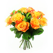An elegant dome of orange-and-yellow roses is set against a spotless white background, allowing the vibrant colours and fine details of the bouquet to stand out clearly. Approximately twelve roses form a tight, rounded cluster, each bloom fully open and revealing layer upon layer of delicately ruffled petals. At the heart of each flower lies a soft, radiant yellow, which gently transitions outward into rich shades of apricot, tangerine, and warm orange. On some petals, a whisper of red-orange along the edges gives the impression of a gentle evening glow, much like the light that falls across Stanmore's residential streets at sunset. The petals look velvety and inviting, creating a sense of fullness and softness across the bouquet. Deep green foliage is interspersed among the blossoms, the leaves' glossy surfaces and structured shapes offering a cool contrast that enhances the warmth of the flowers. Their fresh appearance suggests that the bouquet has been recently prepared and conditioned, ready for placement in a favourite vase on a table in a home near Stanmore station or along Uxbridge Road. Beneath the lavish crown of petals, a bundle of dark green stems is neatly gathered and trimmed to a uniform length, clearly visible and giving the arrangement an organised, professional finish. The lighting is bright and even, helping the colours to appear vivid and true while casting gentle shadows that lend depth to the composition. Overall, the bouquet radiates happiness, optimism, and quiet celebration, perfectly suited for birthdays, congratulatory occasions, or simply brightening a day in Stanmore with a touch of floral sunshine.