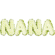 A whimsical, three-dimensional rendering of the word NANA sits boldly against a clean white backdrop, each capital letter rendered in a pale, soft green that reads like the inside of a cucumber or a slice of young lime. Rather than traditional petals, each character appears composed of numerous small, rounded segments - clustered, bead-like forms that catch light and suggest the texture of tiny green pearls or an artful cluster of grapes. From a florist's perspective the surface feels tactile and almost edible, with a fresh, dewy sheen that implies coolness and natural vitality. The letters are plump and gently contoured, the clusters forming soft scalloped edges and subtle shadowing that give the composition three-dimensional depth under gentle, even lighting. The overall mood is nurturing and quietly joyful, a design that evokes a grandmother's kitchen garden, the comforting crispness of fresh produce, and slow afternoons spent sharing recipes. Scent is understated here; imagine the faint, green-tinged aroma of foliage rather than heavy florals. This playful yet tender tribute could sit comfortably at a family gathering, a community celebration, or as a personalised sign at a memorial where the emphasis is on life, nourishment, and memory. As a local Stanmore florist might note, the colour and texture feel at home among cart-lined streets around Stanmore Broadway and the green of nearby Canons Park - a visual echo of the area's small gardens and allotments. The craftsmanship reads as deliberate and loving, an imaginative, organic homage to a beloved Nana, celebrating warmth, sustenance, and the everyday beauty of homegrown things.