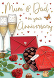 The illustrated anniversary card creates a luxurious, intimate vignette that could easily belong on a neatly set table in a Stanmore home, moments before an anniversary toast. Central to the scene are two tall champagne glasses, standing close together like devoted partners, their transparent curves catching soft reflections of light. Each glass is filled with sparkling golden champagne, the bubbles rising as if paused at the perfect, celebratory second. Just in front, a heart-shaped box of chocolates commands attention with its rich red colour and voluminous satin bow, drawn with folds and shadows that make it look touchably soft. The lid is angled open to reveal an inviting selection of chocolates, each truffle rounded and glossy, hinting at creamy centres and shared indulgence. To one side, two lush red roses are laid gently over a bed of deep green foliage, their petals plush and layered like a freshly arranged bouquet from a local Stanmore florist. The roses appear almost scented, their romantic fullness balanced by the cool gleam of the glass and the soft sheen of the ribbon. A few scattered chocolates lie on the surface, suggesting a relaxed, enjoyed moment rather than a pristine display. Surrounding the composition, tiny hearts in shimmering gold and deep crimson appear to float across the gentle background, framing a tender message addressed to Mum & Dad. At the bottom, a vibrant scarlet envelope sits neatly, its sealed flap hinting at carefully chosen words inside. The overall impression is one of warmth, celebration, and deep appreciation-an image that mirrors the kind of heartfelt anniversary tributes shared quietly in Stanmore homes year after year.